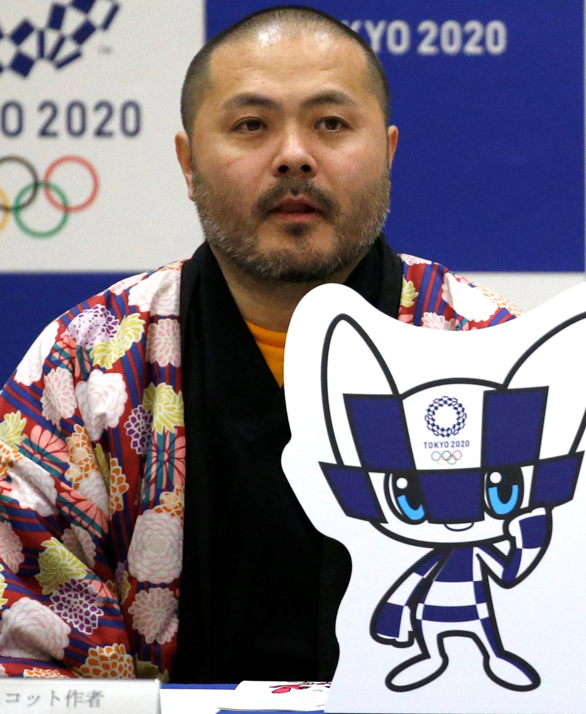 The designer of winning mascots Ryo Taniguchi attends a news conference after Tokyo Olympics organizers unveiled the mascots for the Tokyo 2020 Olympics and Paralympics in Tokyo