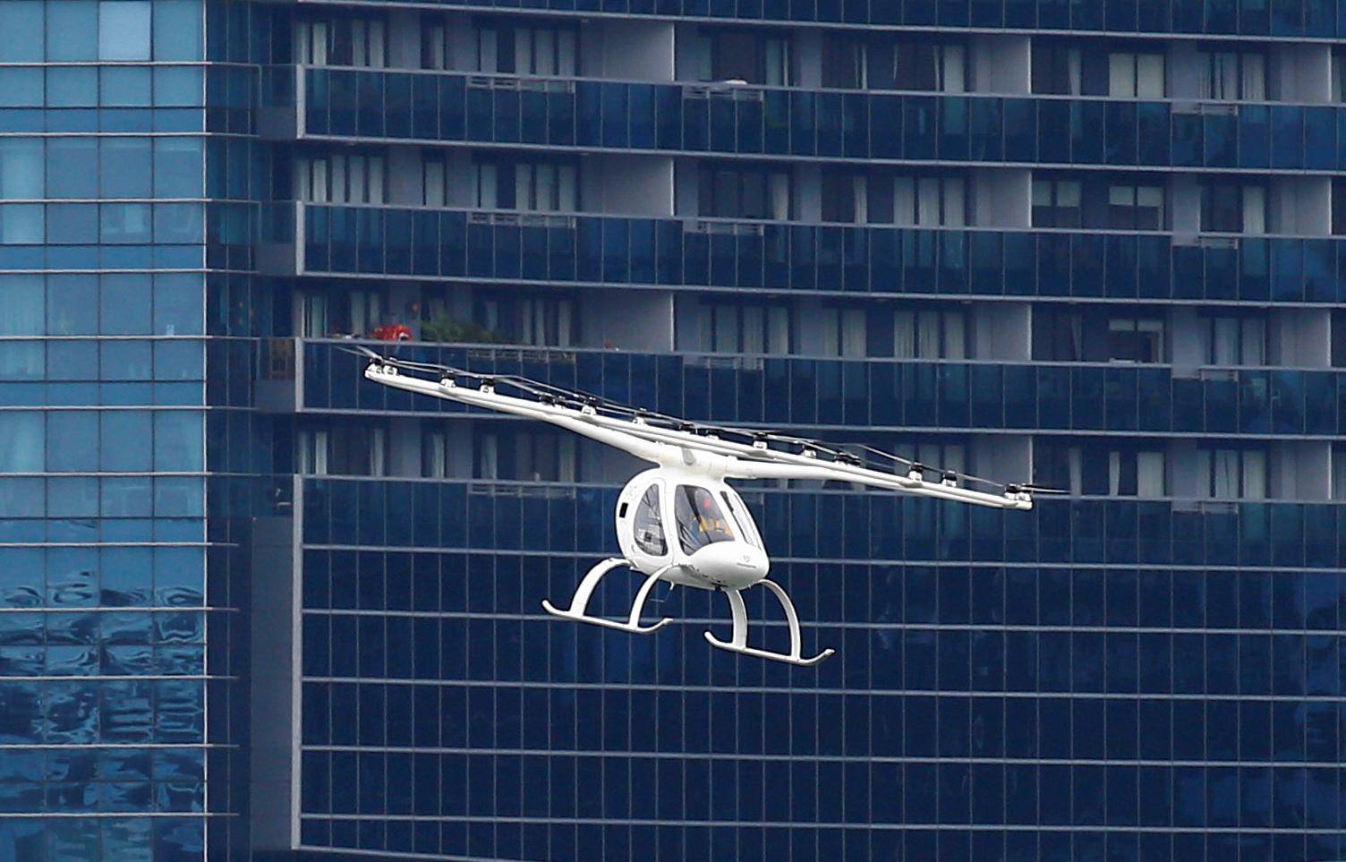 A Volocopter air taxi performs a demonstration in Singapore