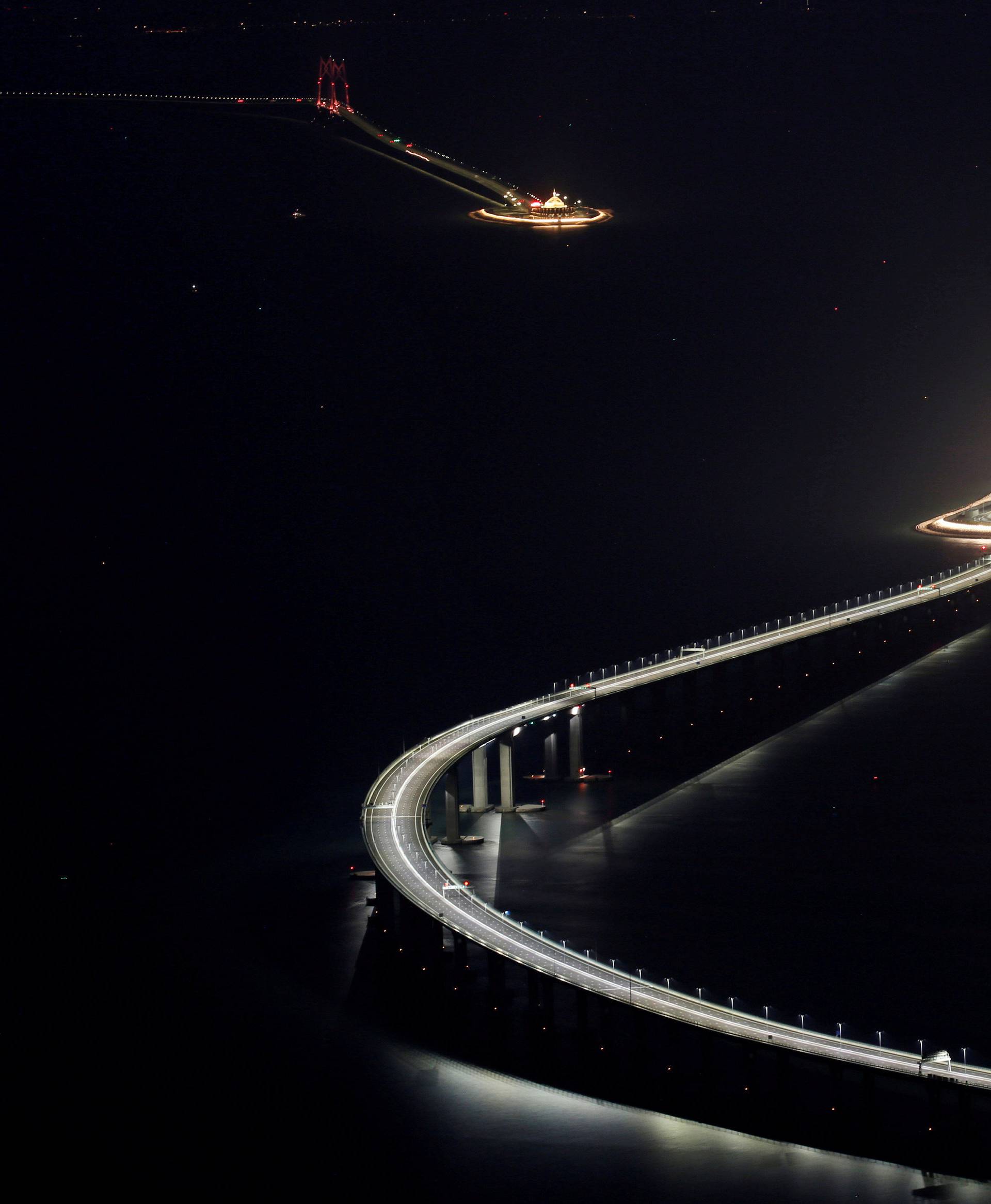 A evening view of the Hong Kong-Zhuhai-Macau bridge off Lantau island in Hong Kong