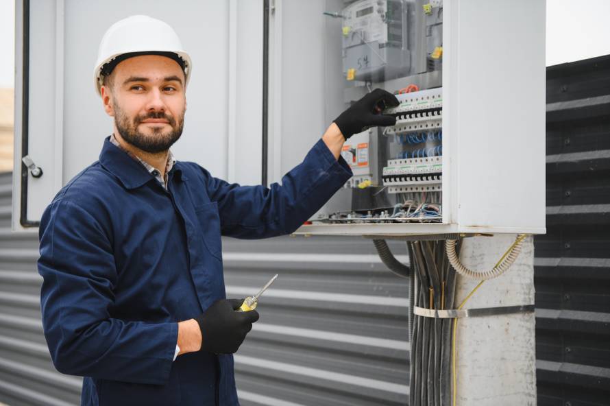 Joyful,Electrician,Mounting,Electric,Switchboard,Outdoors.