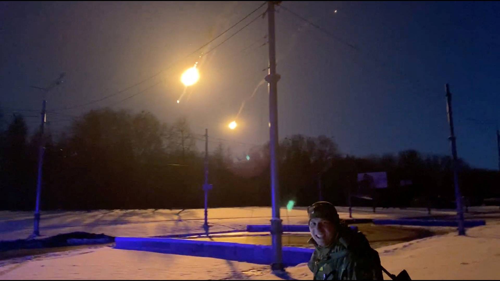 A view of what Ukraine's armed forces say is a downed Russian jet crashing in flames in Kharkiv