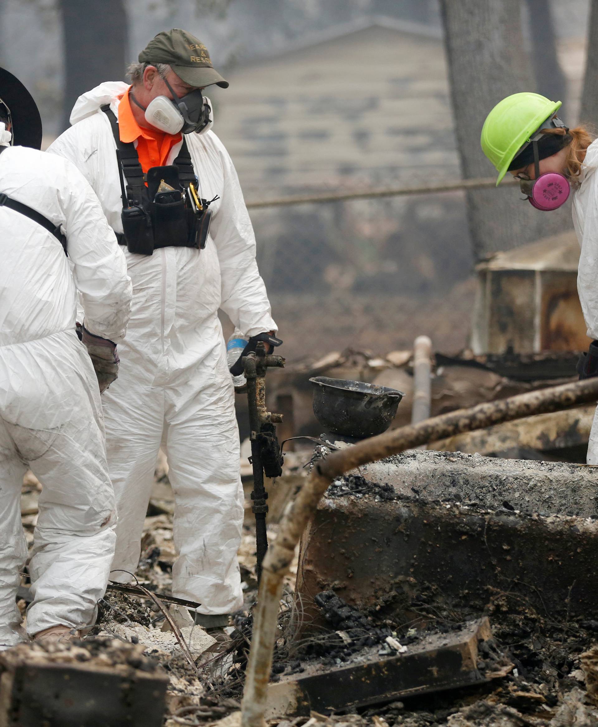 An anthropologist examines the remains of a dog found in a bathtub in a home destroyed by the Camp Fire in Paradise,