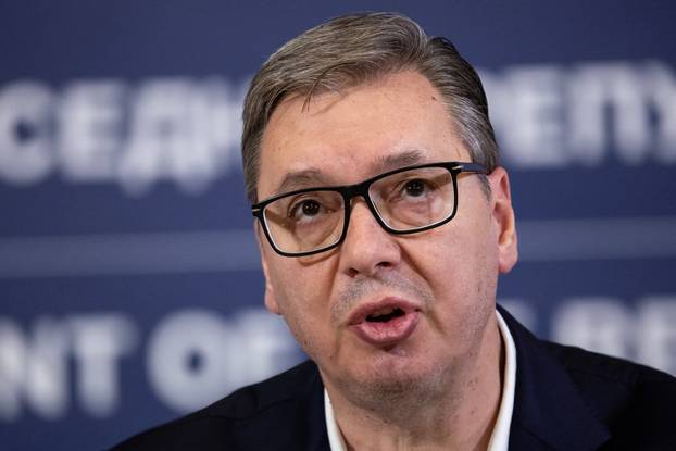 Serbia's President Aleksandar Vucic speaks during a press conference in his office in Belgrade
