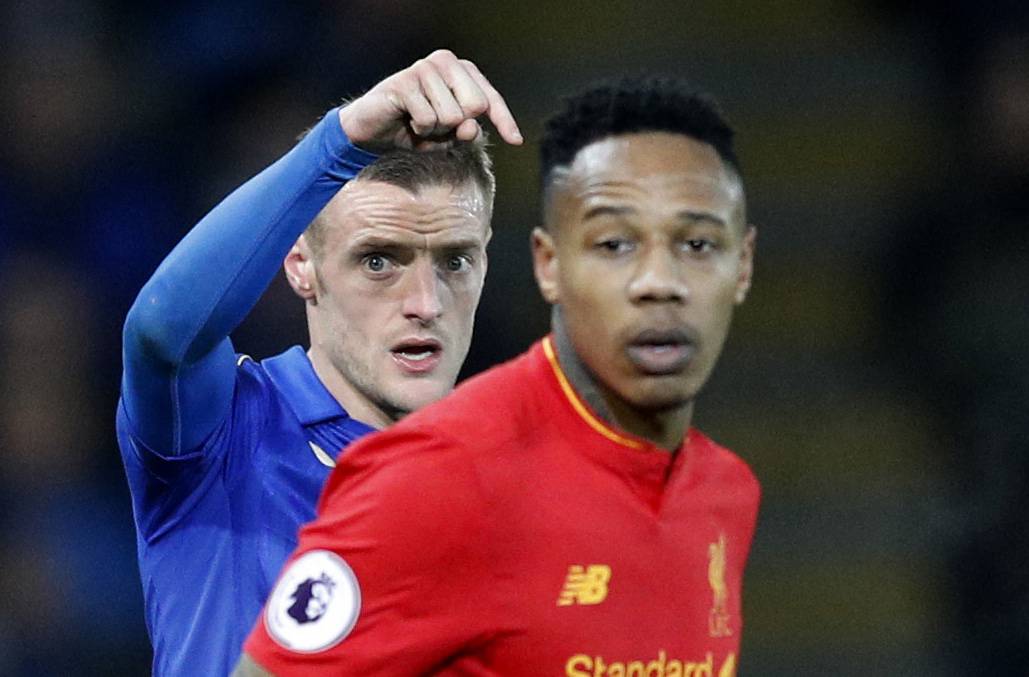 Leicester City's Jamie Vardy and Liverpool's Nathaniel Clyne