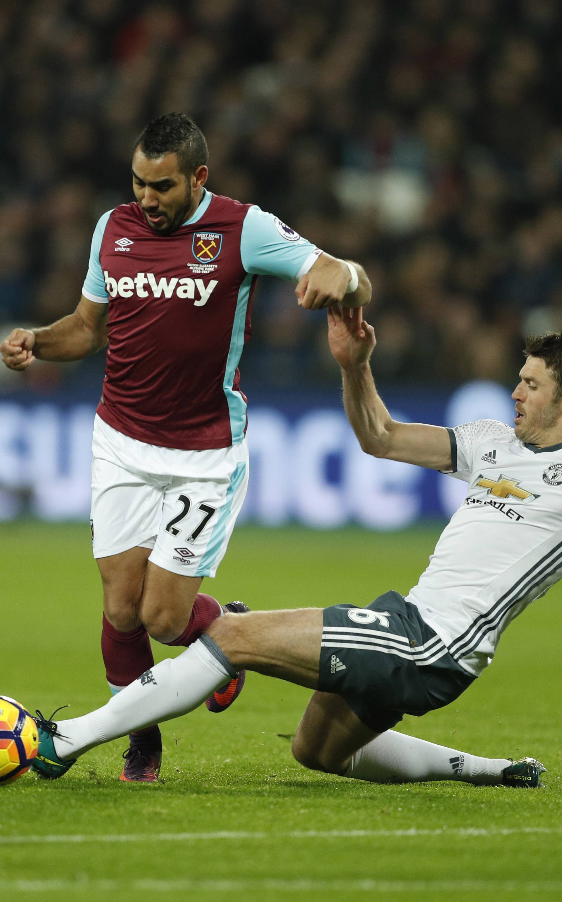 West Ham United's Dimitri Payet in action with Manchester United's Michael Carrick
