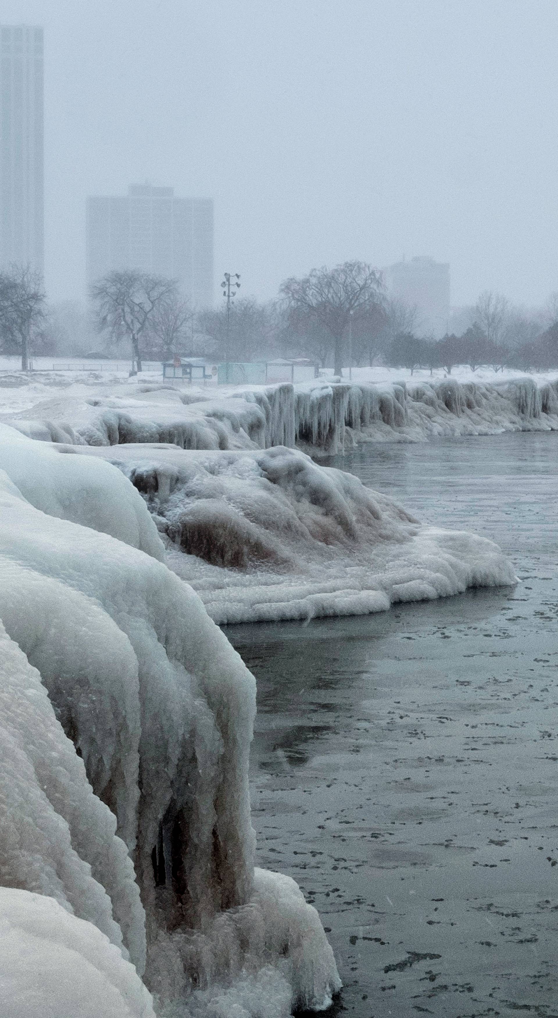 The city skyline is seen from the North Avenue Beach at Lake Michigan as bitter cold phenomenon called the polar vortex has descended on much of the central and eastern United States