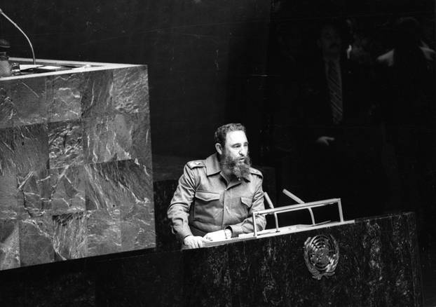 File photo of then Cuban President Fidel Castro addressing the audience as president of the Non-Aligned Movement at the United Nations in New York