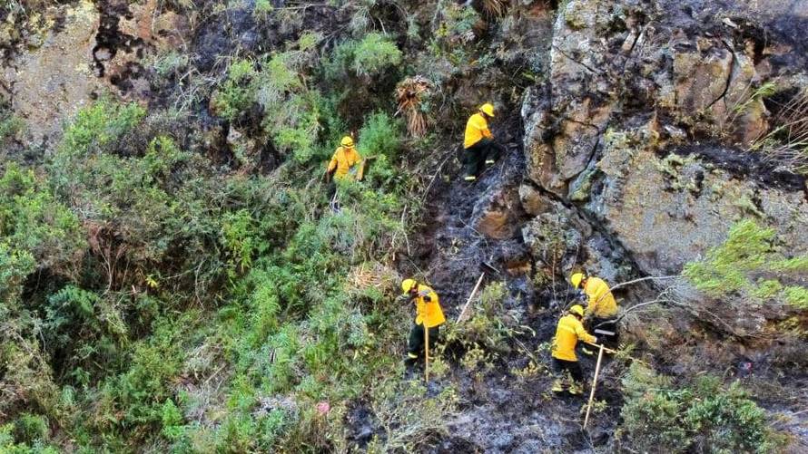 Emergency personnel work to put out a forest fire in Machu Picchu