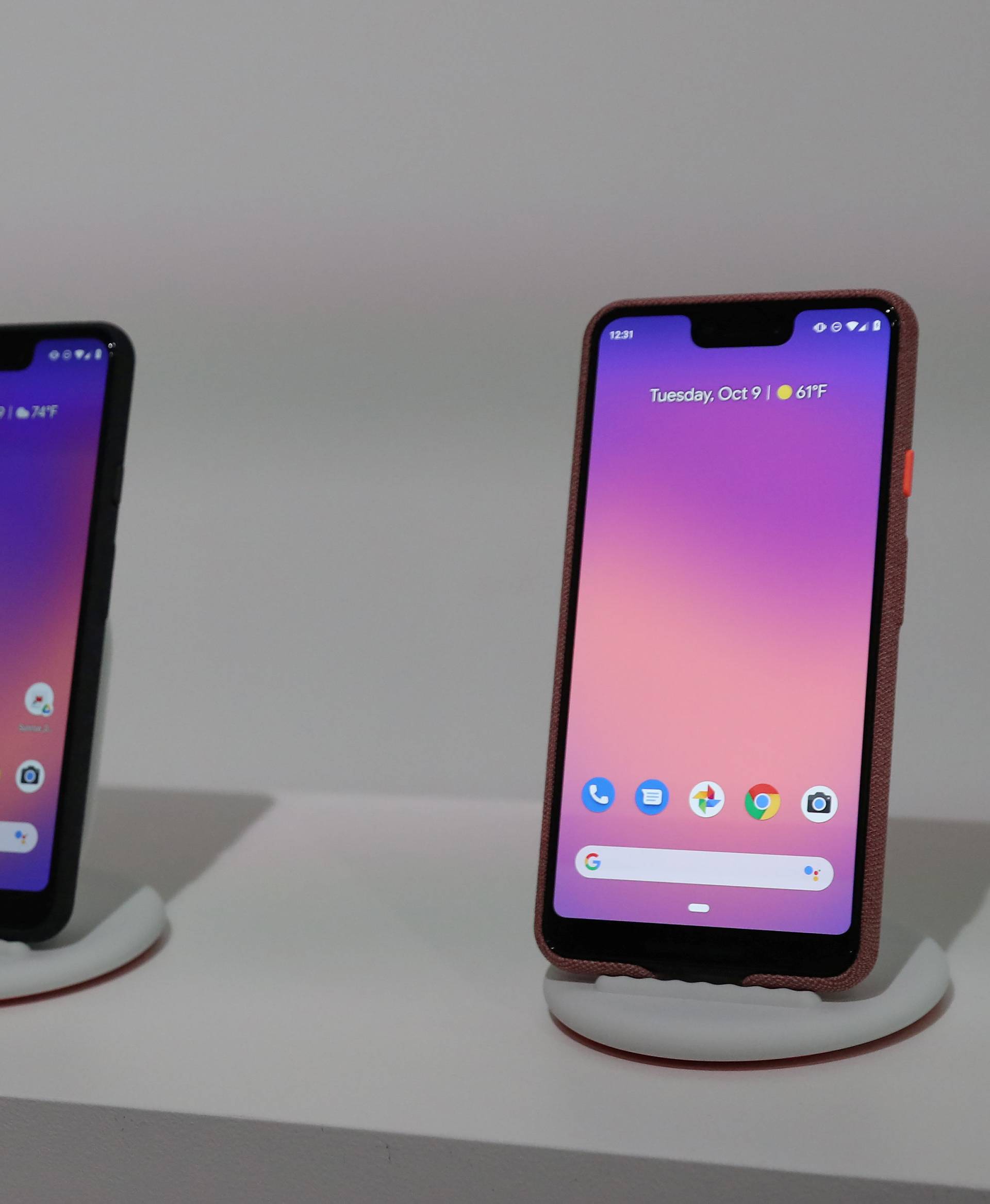 The Google Pixel 3 third generation smartphones are seen on display after a news conference in Manhattan, New York