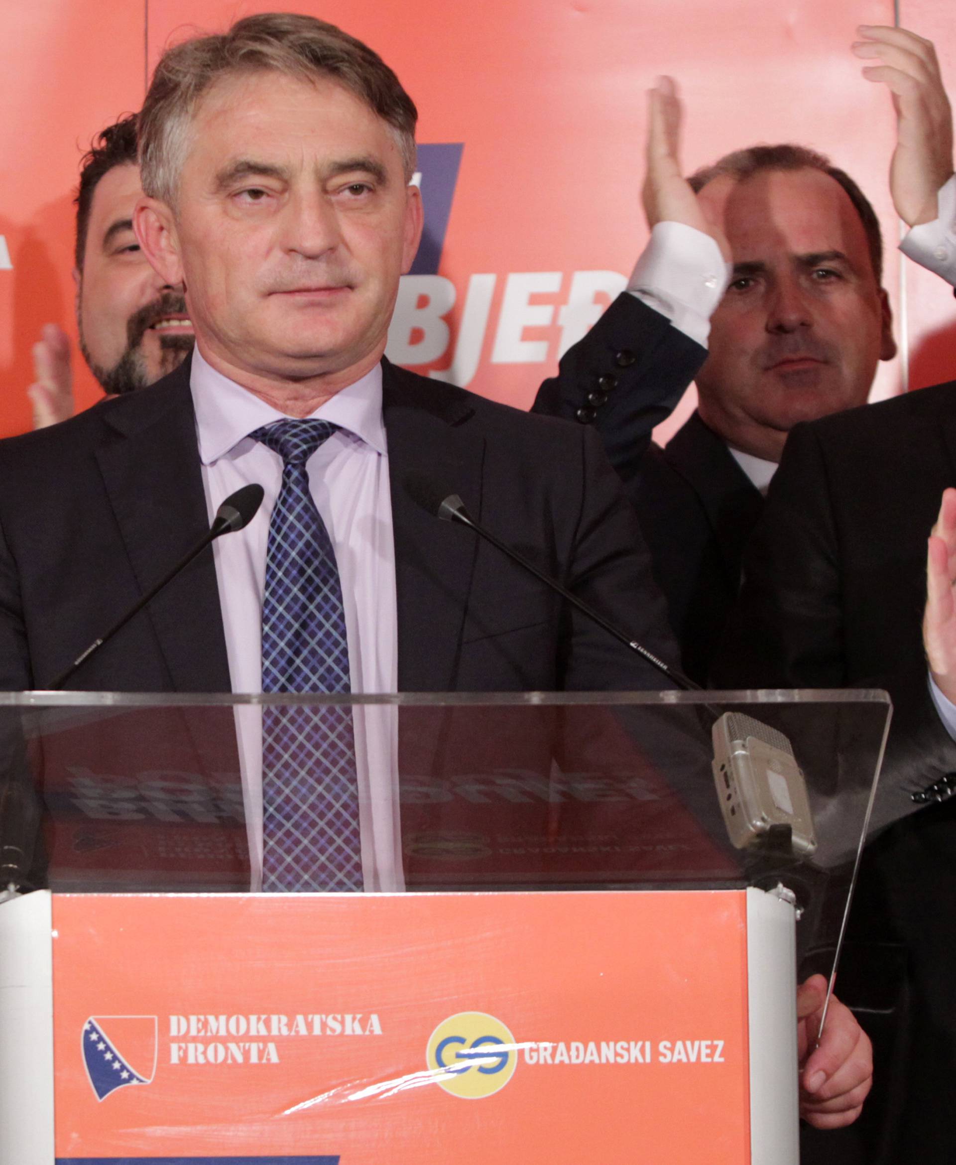 Zeljko Komsic, Democratic Front (DF) attends a news conference where he declared himself the winner of the Croat seat of the Tri-partite Bosnian Presidency in Sarajevo