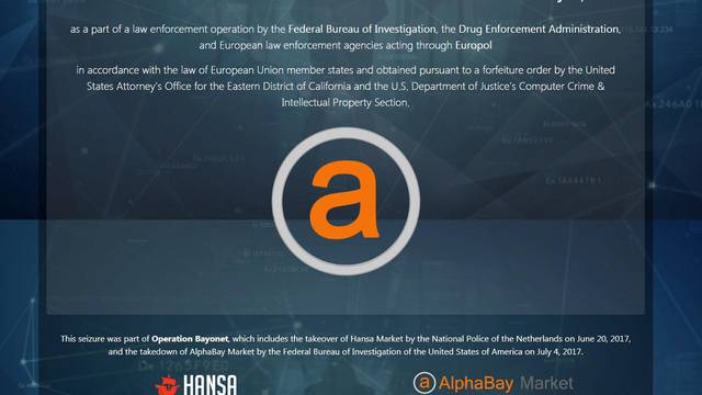 U.S. Justice Department screen image after it had shut down the dark web marketplace AlphaBay