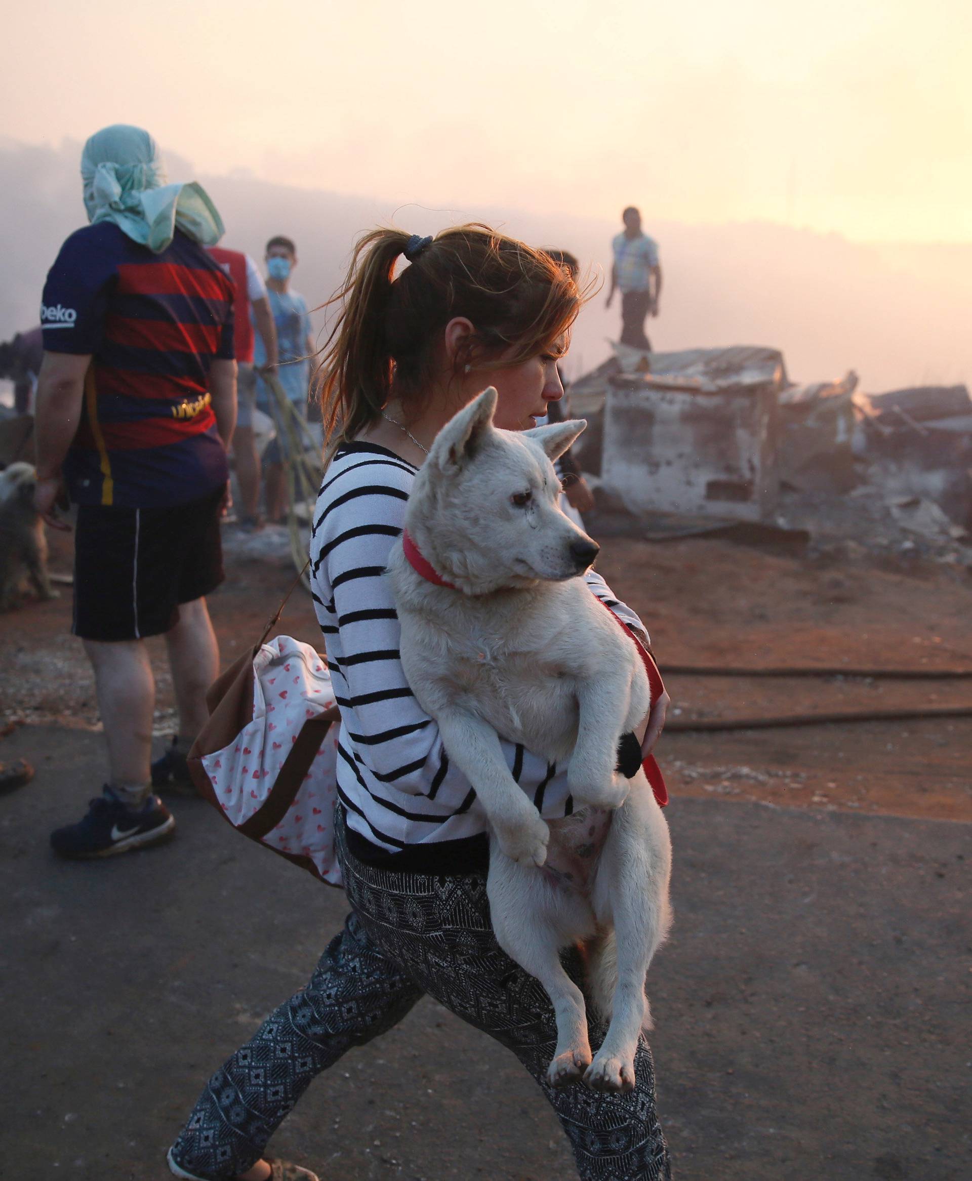 A woman holds her dog after a fire on a hill, where more than 100 homes were burned due to forest fire but there have been no reports of death, local authorities said in Valparaiso, Chile