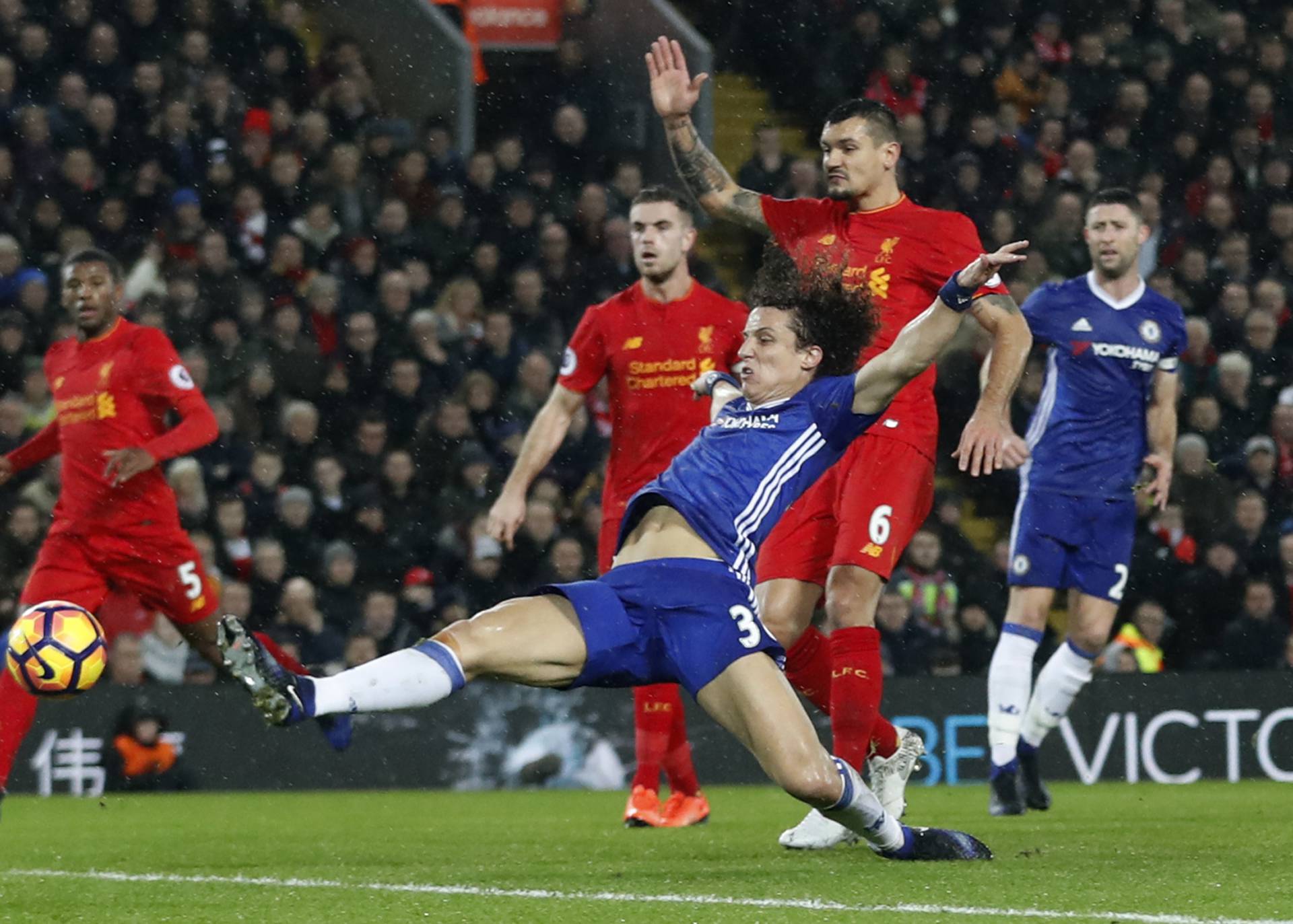 Chelsea's David Luiz shoots at goal