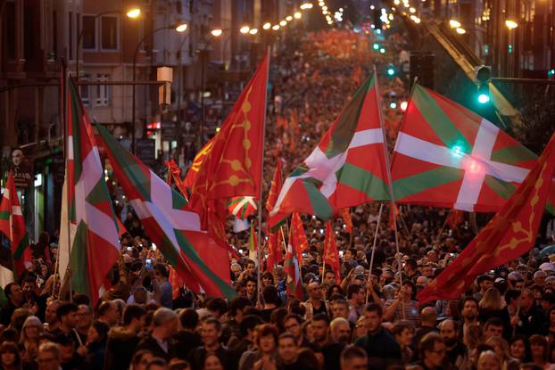 People march behind the slogan "Nazioa gara", 'We are a nation', during a demonstration called by the Basque pro-independence coalition EH Bildu, in Bilbao