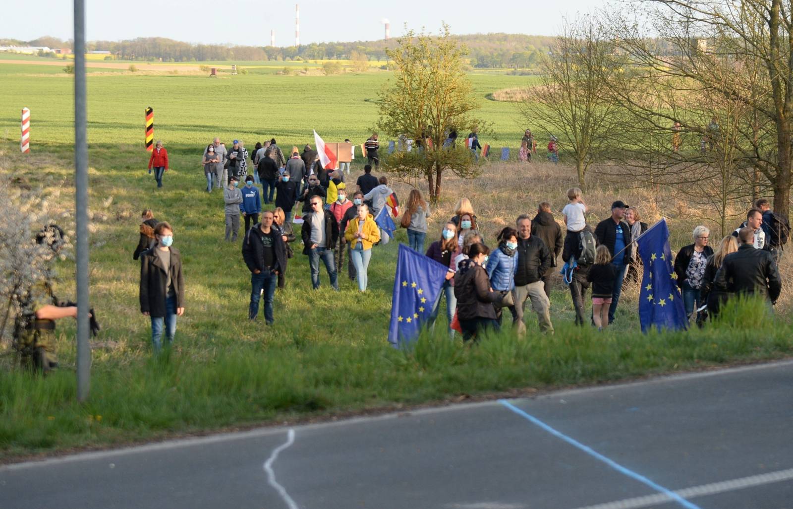 Cross-border workers stage protest at Polish-German border demanding to be exempt from the mandatory quarantine during coronavirus disease (COVID-19) outbreak at the crossing in Rosowek