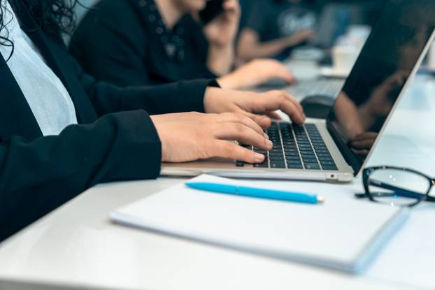 Office scene, people working with laptops, business concept, sto