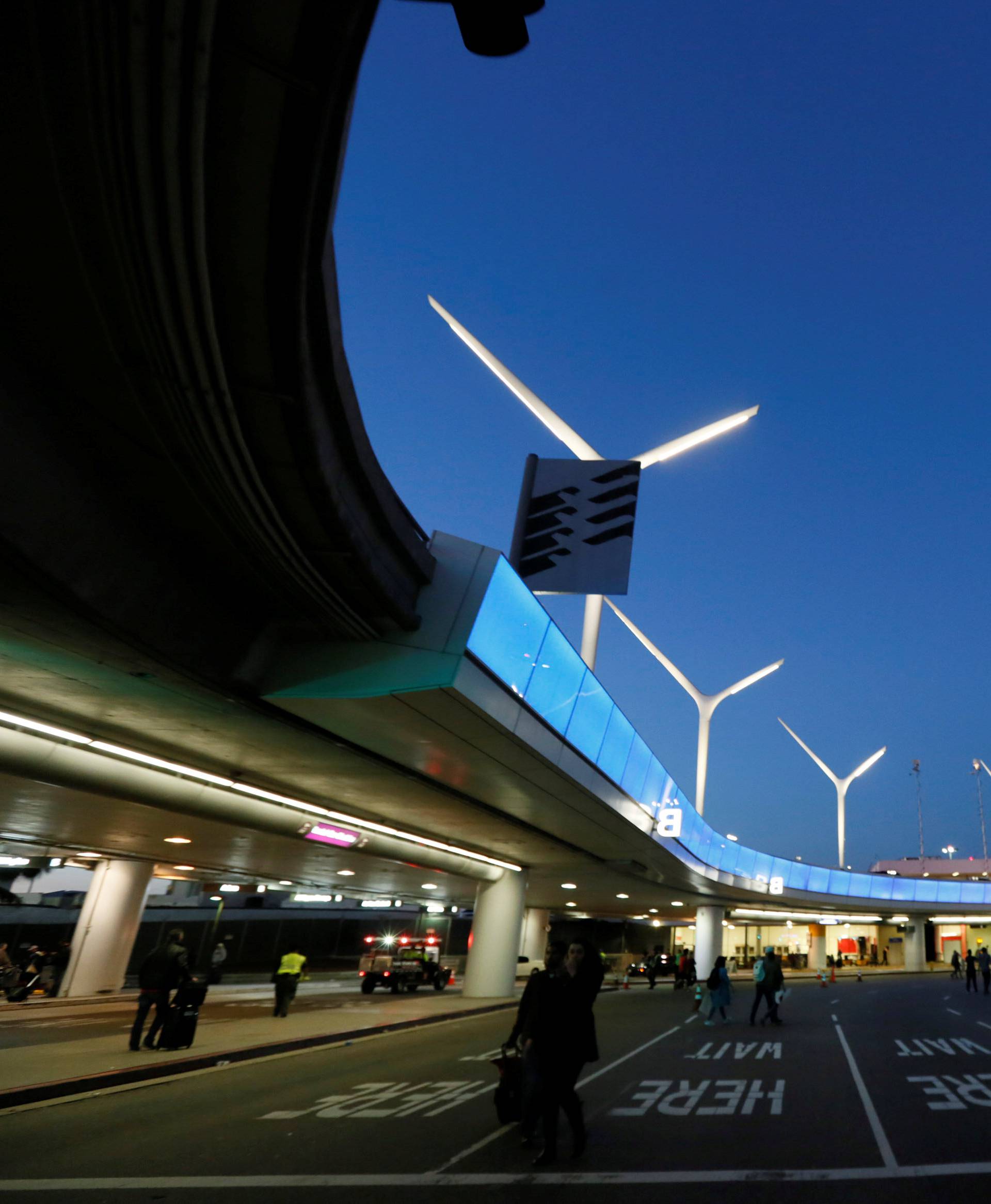 Demonstrators shut down the lower level loop at LAX during a protest against the travel ban imposed by U.S. President Donald Trump's executive order, at  Los Angeles