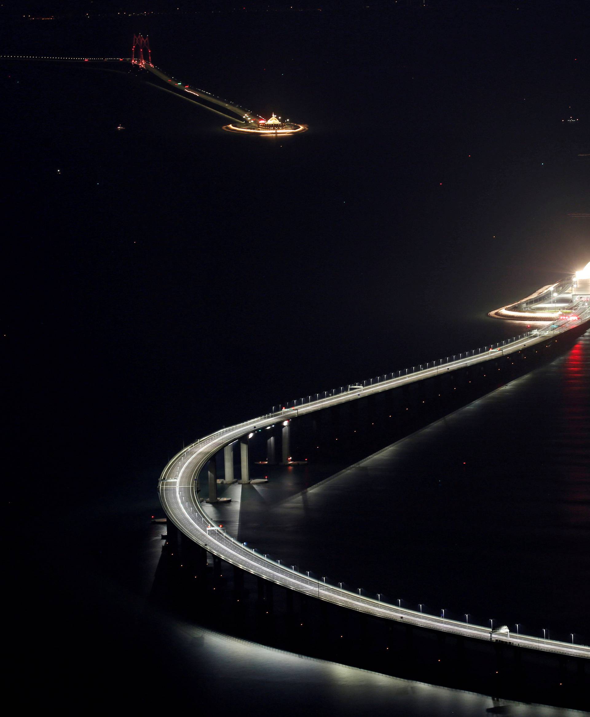 A evening view of the Hong Kong-Zhuhai-Macau bridge off Lantau island in Hong Kong