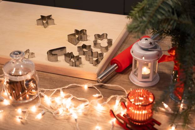 Christmas festively decorated kitchen with christmas lights, and cookie cutters