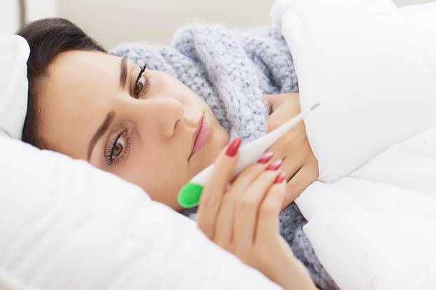 Fever And Cold. Portrait Of Beautiful Woman Caught Flu, Having H