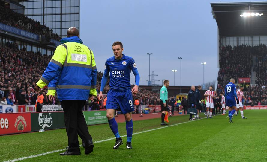 Leicester City's Jamie Vardy leaves the pitch after being sent off