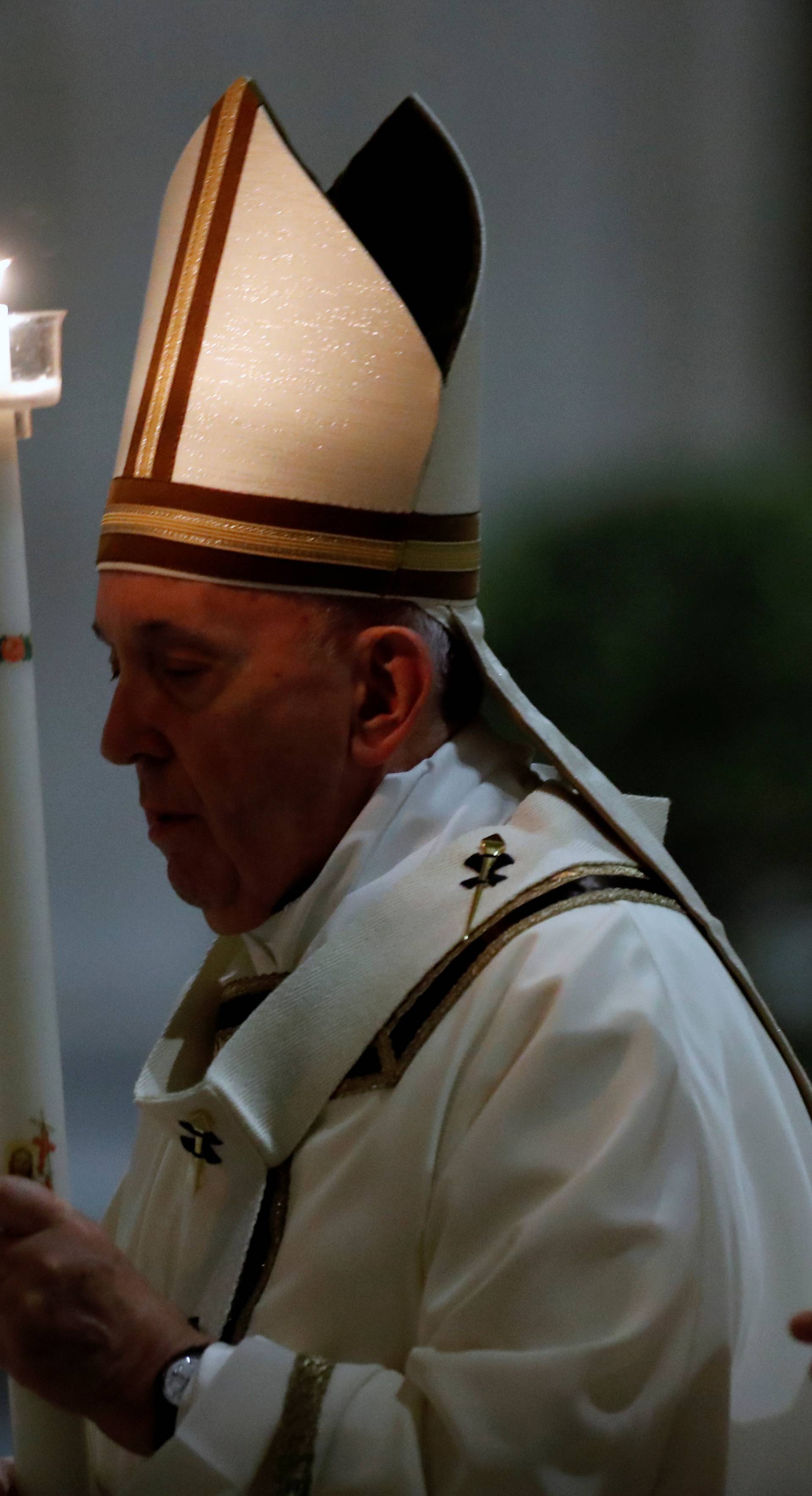 Pope Francis leads an Easter vigil service with no public participation due to the coronavirus (COVID-19) outbreak, in Vatican