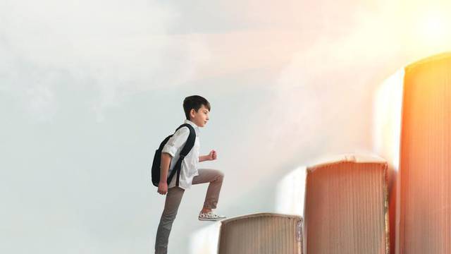 Child,Climbing,Stairs,Made,Of,On,Sky,Background.,Education,Or