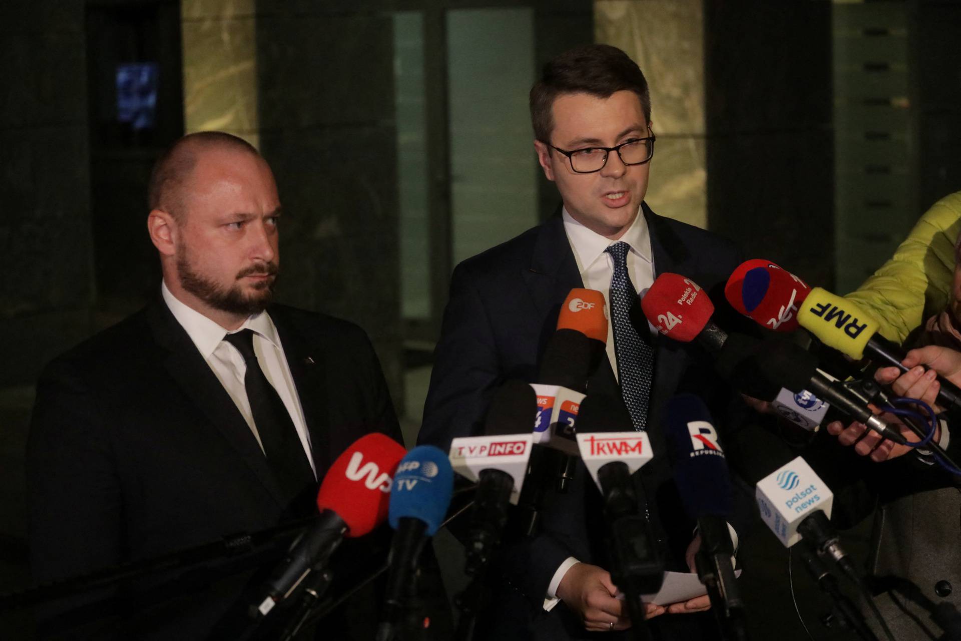 Polish government spokesman Piotr Muller speaks to media after a meeting of the security committee in connection with the missile attack on the territory of Poland, in Warsaw