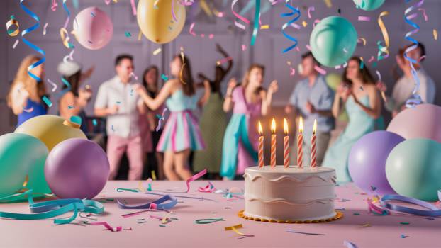 A birthday cake with candles and confetti on a table, AI