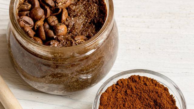 handmade coffee-cocoa scrub on wooden background close up