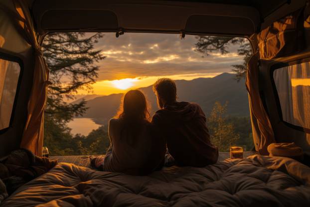 Couple watching a stunning view from the back of a van bed. Concept Van life. Generative Ai