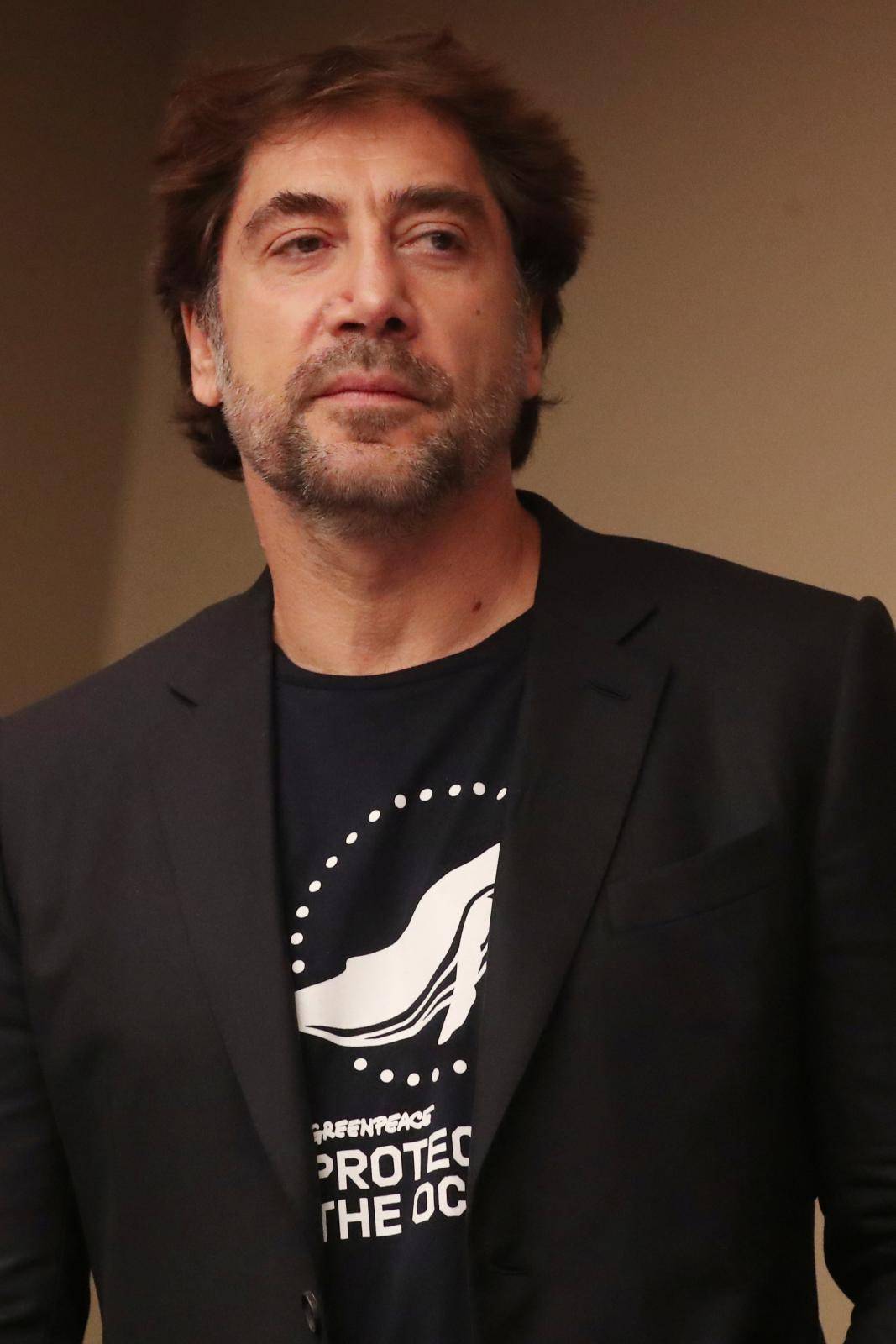 Actor Javier Bardem looks on before speaking about a Global Ocean Treaty to protect the oceans with the Greenpeace and High Seas Alliance at the United Nations headquarters in New York