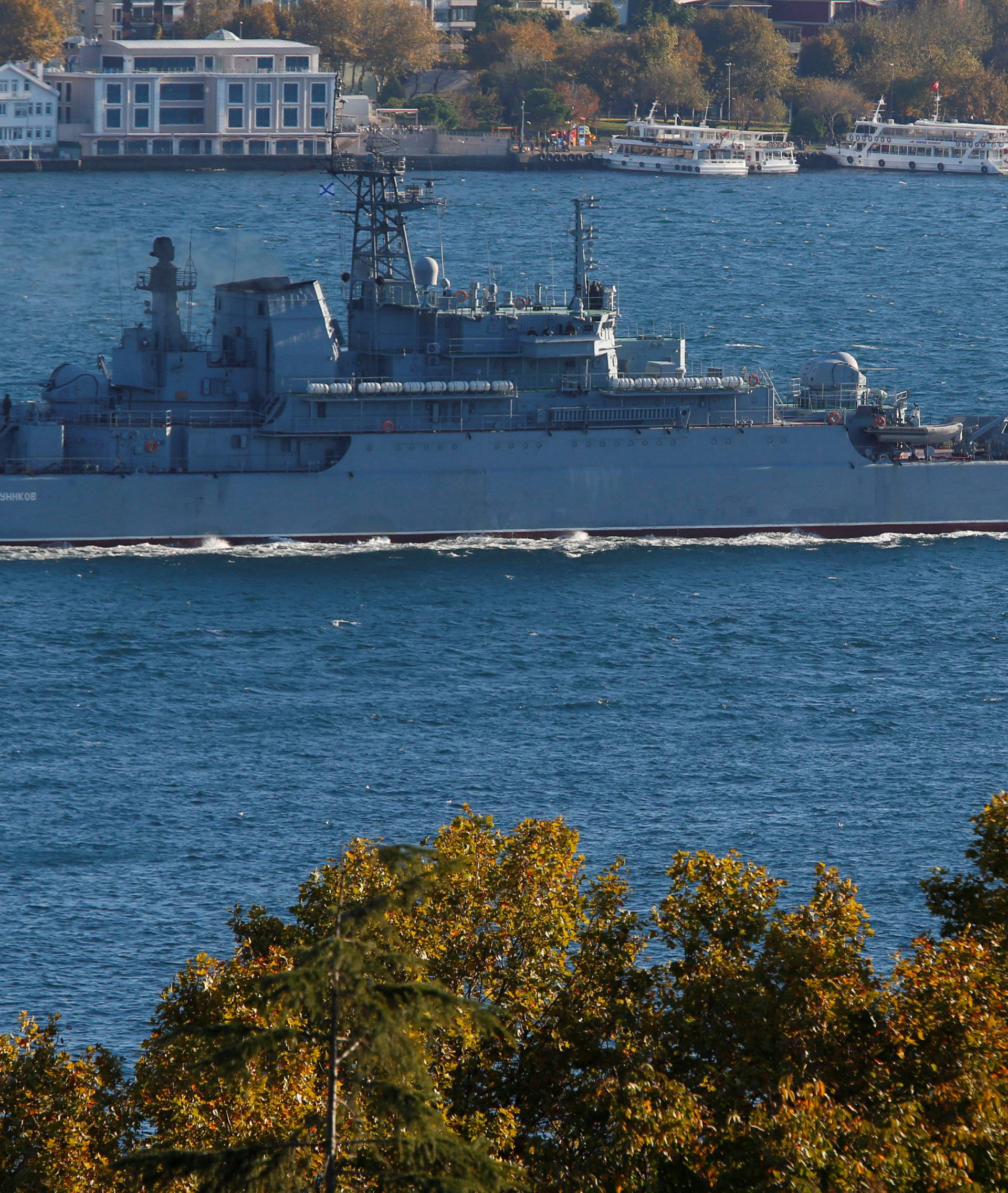 The Russian Navy's large landing ship Caesar Kunikov sails in the Bosphorus, on its way to the Mediterranean Sea, in Istanbul