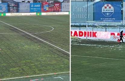 VIDEO Na ovakvom travnjaku u Koprivnici igrali su Dinamo i Slaven! Dio terena je zamrznut