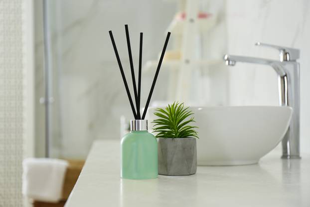 Reed,Air,Freshener,And,Houseplant,On,Counter,In,Bathroom