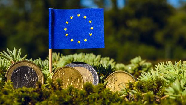 European,Union,Flag,With,Euro,Coins,Amid,Moss,recovery,Fund,Business,finance