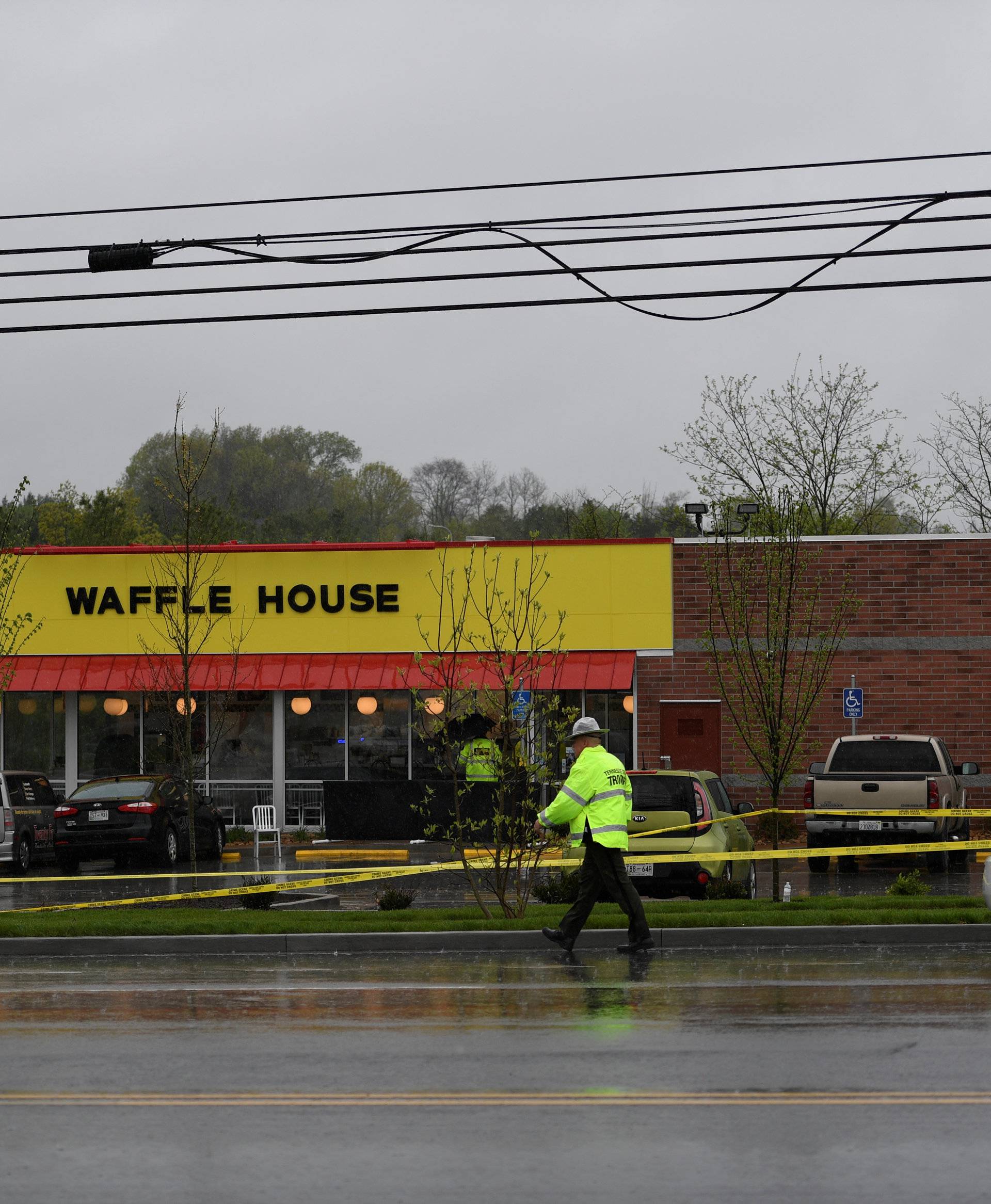 Metro Davidson County Police at the scene of a fatal shooting at a Waffle House restaurant near Nashville, Tennessee
