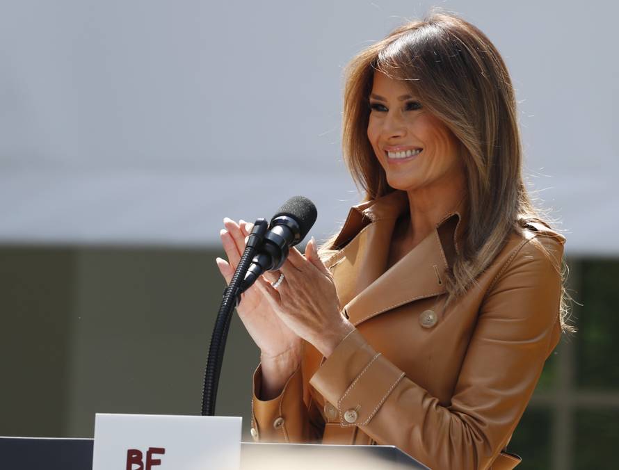 Melania Trump delivers remarks at the "launch of her initiatives" as first lady at the White House in Washington