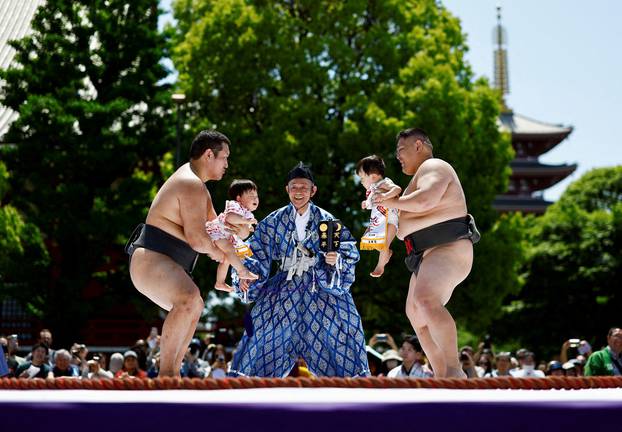 Babies take part in 'Nakizumo' or baby crying sumo contest at Sensoji temple in Tokyo