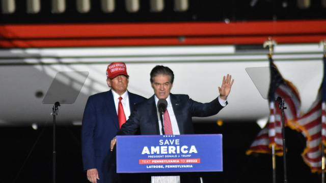 Dr. Mehmet Oz delivers remarks during a rally in Latrobe