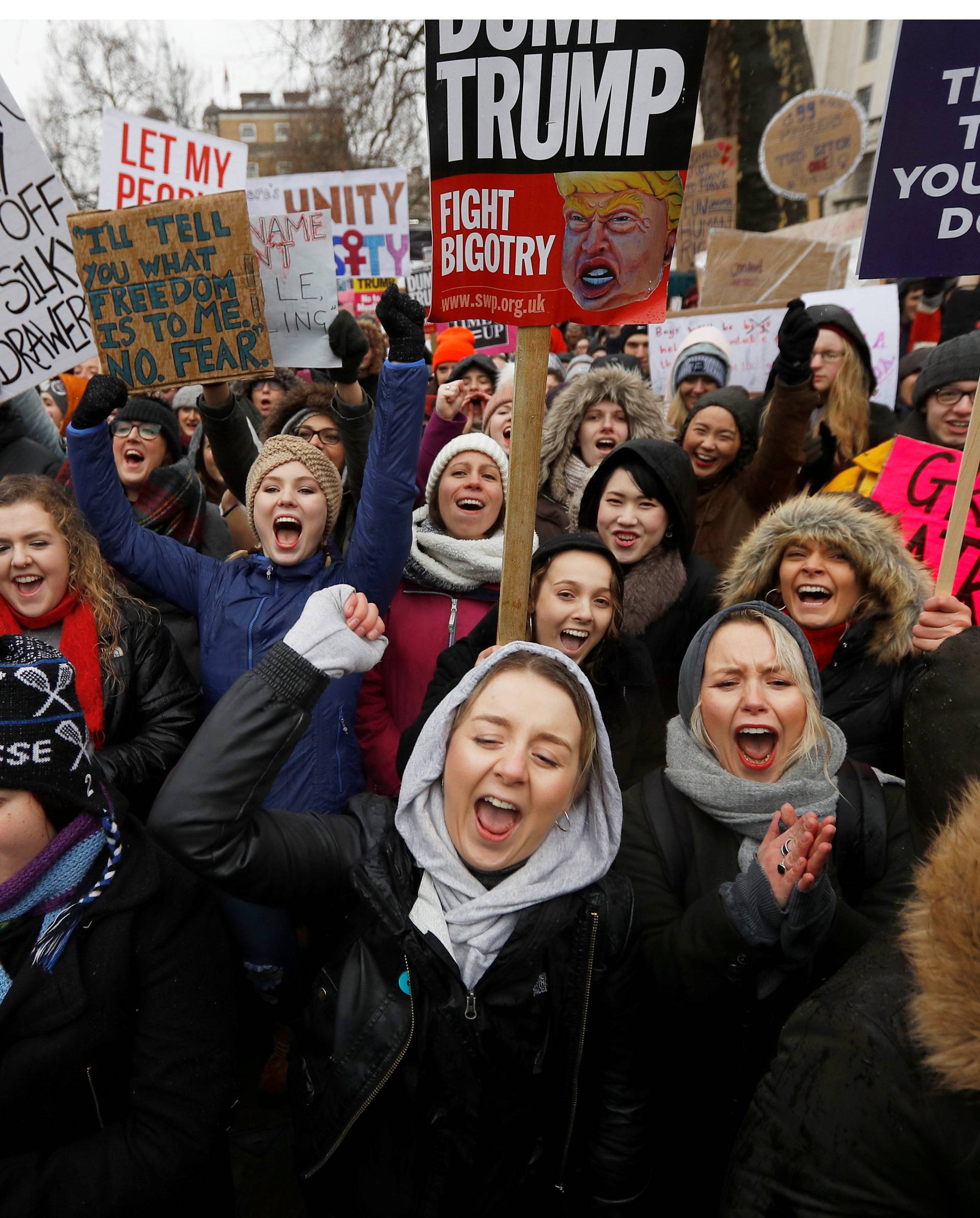 Demonstrators shout at a Times Up protest supporting womens rights in London