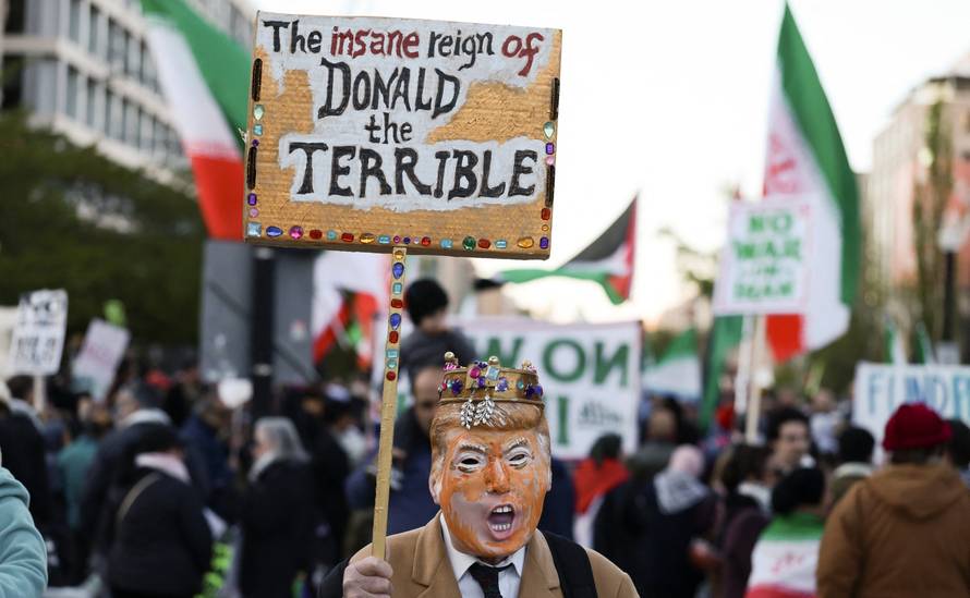Demonstrators protest against military action in Iran after U.S. President Donald Trump said that he had agreed to a two-week ceasefire, in Washington