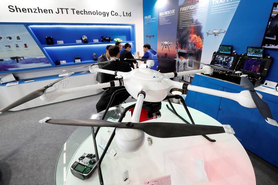 An UAV Drone T60 manufactured by Shenzhen JTT Technology Co. is pictured at the 20th Milipol Paris, the worldwide exhibition dedicated to homeland security, in Villepinte near Paris