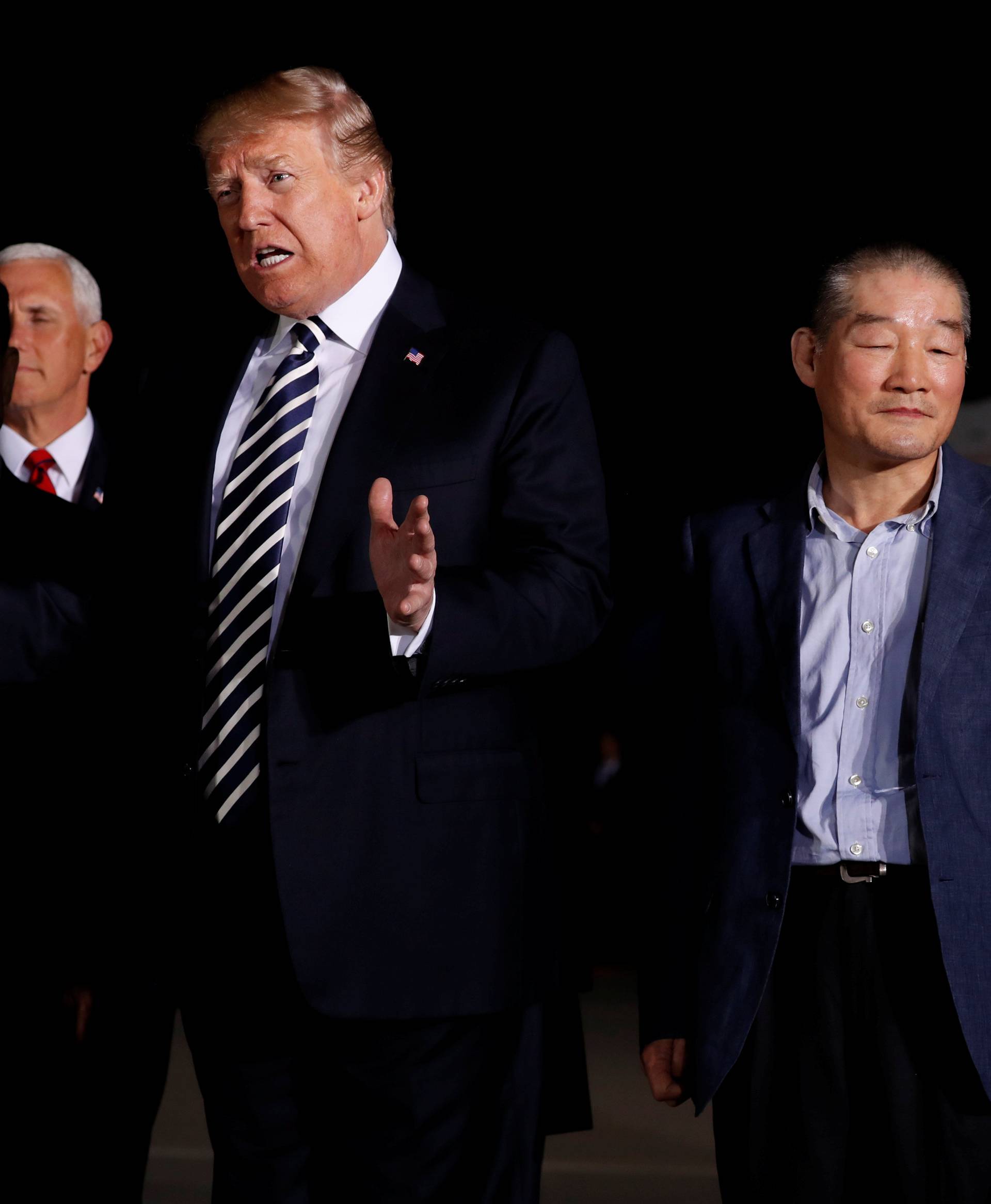 U.S.President Donald Trump speaks to the media as he meets the Americans released from detention in North Korea, Tony Kim, Kim Hak-song and Kim Dong-chul, upon their arrival at Joint Base Andrews