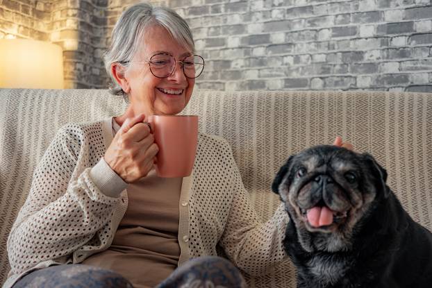 Senior,Happy,Woman,Sitting,On,Sofa,With,Her,Best,Friend,