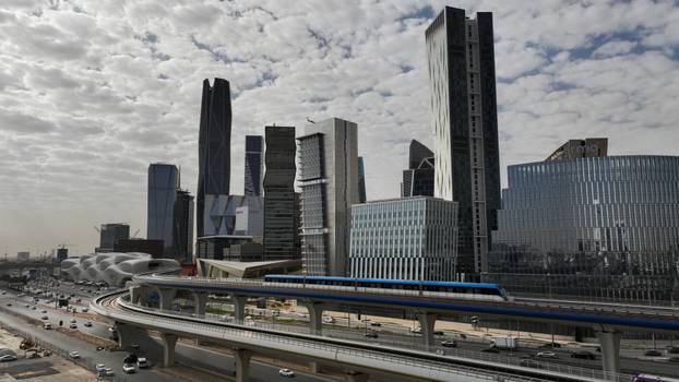 A train leaves the King Abdullah Financial District Metro Station in Riyadh, Saudi Arabia