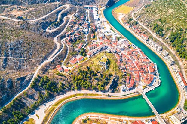 Town of Obrovac and Zrmanja river aerial view