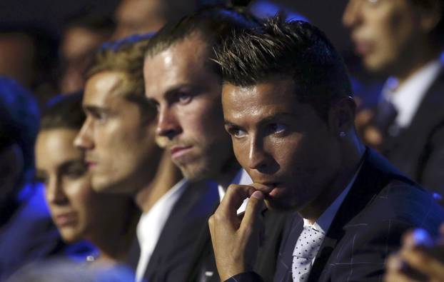 The final nominees for the 2015/16 UEFA Best Player in Europe award, from R-L, Cristiano Ronaldo, Gareth Bale and Antoine Griezmann attend the draw ceremony for the 2016/2017 Champions League Cup soccer competition at Monaco