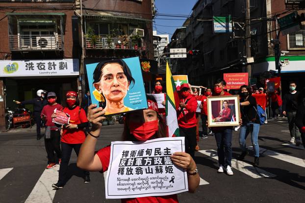 Members of the Burmese community in Taipei protest against the Myanmar military coup in Little Burma, home to many of Taiwan