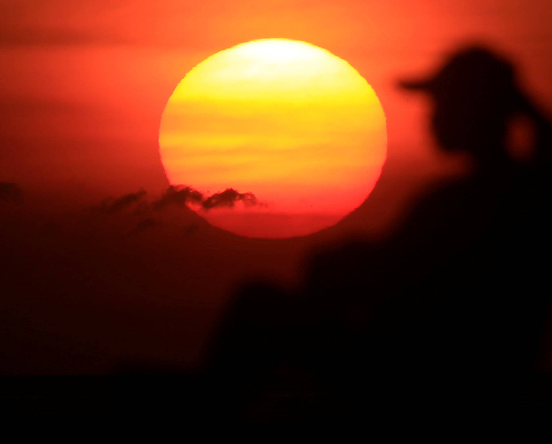 A woman is silhouetted as she watches the sun set along the coast of Manila bay in Metro Manila